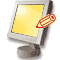 Six computer monitor icons with yellow screens display changing red symbols: pencil, checkmark, house. One icon shows a gray background.