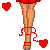 Pixel art of a female character in red shorts and black crop top with white dots, surrounded by red hearts and pink text reading 'boyfriend', 'any', 'i need a' on white background.