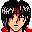 Pixelated character with black afro hair, red accents on head and clothing, orange skin tone, and a neutral expression against gray background.