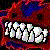 Pixelated image with white and pastel shapes resembling a creature's head against a dark red and blue background.