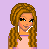 Pixel art of a woman with long brown hair wearing a pink top and light pants, holding a white purse against a purple background.