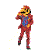 Pixelated character in red suit with blue shirt and yellow gloves performs sequential dance moves against white background.