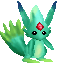 Pixelated green creature with blue-tipped ears, red gem on forehead, black eyes, and green tail in two poses against gray background.