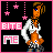 Pixel art contact sheet showing two frames of an animated buddy icon with a cartoon character, pink text, and hanging stars against black background.