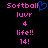 Pixelated text and symbols on black background with pink and blue elements, including 'Softball' with a heart symbol and 'luvr' below.