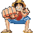 Pixel art character in blue shorts and straw hat performs martial arts poses with clenched fists, alternating between full-body views and close-ups of a large fist against gray background.