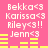 Pixelated text list on pink background with yellow horizontal bars, showing names and symbols in white pixel font.