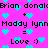 Pixelated text and cyan hearts on a bright pink background with repeated names and smiley faces.