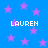 Blue background with scattered pink stars and four instances of the text 'LAUREN' in white pixelated font.