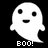 Pixelated white ghost icon with black eyes and mouth on a solid black background, displaying the text 'BOO!' below.