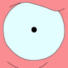 A static circular icon with a light blue center, black dot, and pink background with curved lines.