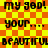 A 4-frame animated contact sheet showing a yellow and orange checkered background with repeated black text phrases in pixelated font.