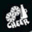 Animated contact sheet showing five frames of a cheerleading-themed buddy icon with changing text overlays on a dark background.