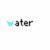 A static image shows the word 'water' in black text with cyan accents on a white background, alongside scattered black heart shapes.