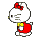 Pixelated white cat with red bow and red dress, yellow collar, gray background; animation shows head turning left to right