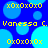 Blue background with light blue circles; yellow text 'xOxOxOxO', 'Venessa C.', and 'OxOxOxOx' arranged in a pattern