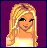 Pixel art of showing a blonde woman, clothing details, and text fragments on purple backgrounds with red lettering