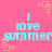 Pixelated cyan text "I love summer" on pink background with repeating orange square patterns.