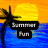 Pixelated beach scene with palm tree, yellow sun over blue water on orange sky; text "Summer Fun" in black boxes.