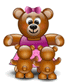 Brown teddy bear with pink bow, holding smaller bears in various poses across frames.