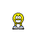Yellow spherical character with blue-and-white striped shoes, displaying multiple facial expressions and poses including front-facing, side views, pointing gestures, and speech bubbles containing text.