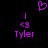 Purple pixelated heart symbol above two identical vertical text blocks reading 'Tyler' with '<3' symbols, all on black background.