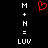 Static pixel art displays 'M + H = LUV' with a red heart symbol replacing the 'O' in 'LOVE' on a black background.