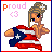 Pixel art contact sheet of a patriotic-themed animated icon featuring a cartoon woman with blonde hair styled in an updo, wearing a Puerto Rican flag as clothing and holding her hand near her face.