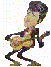 Animated cartoon figure with dark hair plays acoustic guitar against gray background with scattered light dots.