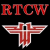Red 'RTCW' text above a red and white winged emblem with animated yellow stars and white dots on black background.