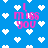 Blue background with white pixelated hearts and pink text reading "I miss you" in four positions, each with a different heart arrangement.