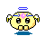 Pixelated yellow character with blue halo, wings, and gem on forehead; two expressions shown: smiling face with open mouth and closed eyes with red crosses.