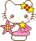 Pixelated Hello Kitty avatar with white face, brown whiskers, pink cheeks, and yellow nose, wearing pink dress with yellow star, holding pink star-shaped object, head turned right, eyes open.