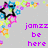 Pixelated icon with colorful abstract shapes and purple text reading 'jamzz be here' on a light gray background.