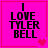 A bright pink square icon with black text reading "I LOVE TYLER BELL" and a red heart symbol in the bottom-right corner.
