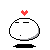 A 3x3 contact sheet of pixel art frames showing a white rounded character with black eyes and mouth, red heart above head, and black shadow below, arranged in three rows of three frames each.
