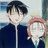 A 48x48 pixel buddy icon featuring two anime-style characters on the left and text elements on a black background to the right, with visible pixelation and dithering effects.