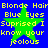 Blue background with four identical green stars and yellow text reading "Blonde Hair Blue Eyes Suprised I know your jealous" arranged in a