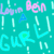 Pixelated teal background with scattered text fragments in pink, purple, and cyan; visible partial words include 'Ben', 'GUR', and multiple exclamation marks.