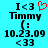 A pixelated digital image with a bright cyan background displays text and symbols including "I<3" with a red heart, "Timmy", ":)", date "10.23.09", and "<33".