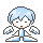 A 4x5 contact sheet of pixel art frames showing a blue-haired character with white hands and feet in various poses against a gray background.