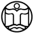 Black and white pixelated icon with a circular border enclosing a stylized figure with a rounded head, rectangular body, and two vertical rectangular shapes on either side of the torso.