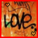 Static square icon with red border, orange-brown gradient background, black text "LOVE" and two pixelated heart symbols.