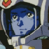 Pixelated anime-style character in white and gray space suit with red emblem, blue skin, and shifting facial expressions