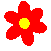 Red flower with yellow center on gray background, repeated in three of four flowers each