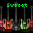 Green pixelated text 'Sweet' above five electric guitars with pink, orange, black, green, and red bodies on a black background.