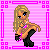 Pixel art of a blonde woman in a crouched pose with pink and black text reading 'Princess' on a pink striped background.