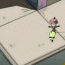 Animated sequence of two cartoon characters walking across a tiled platform with purple doorways, one pink-haired character in dark clothing and another yellow-green character.
