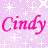 Pixelated pink cursive text "Cindy" on a light purple background with white star and cross patterns.