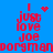 Red pixelated text on blue background with animated heart and starburst symbols above the words "I just love Joe" repeated in four quadrants.